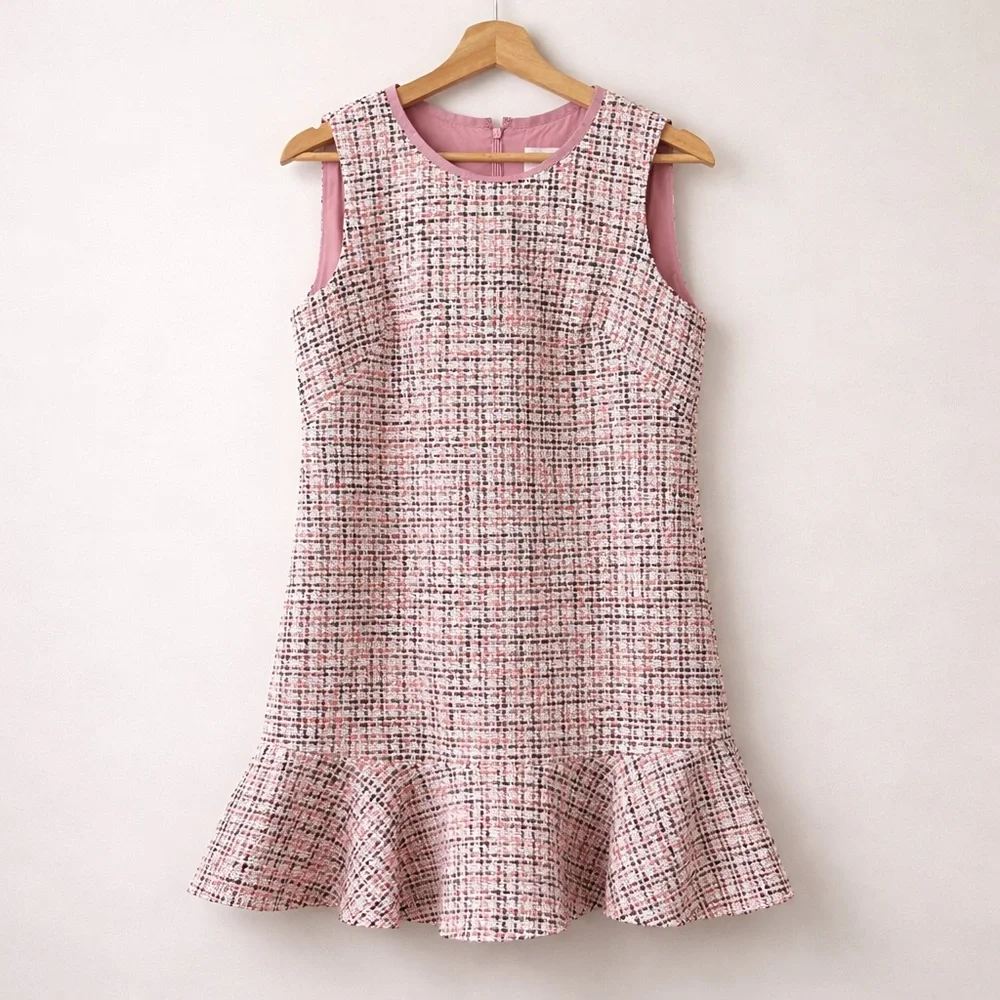 Gal Meets Glam Annika Tweed Dress Pink Boucle Peplum Hem Size 4 NWT - Picture 3 of 14